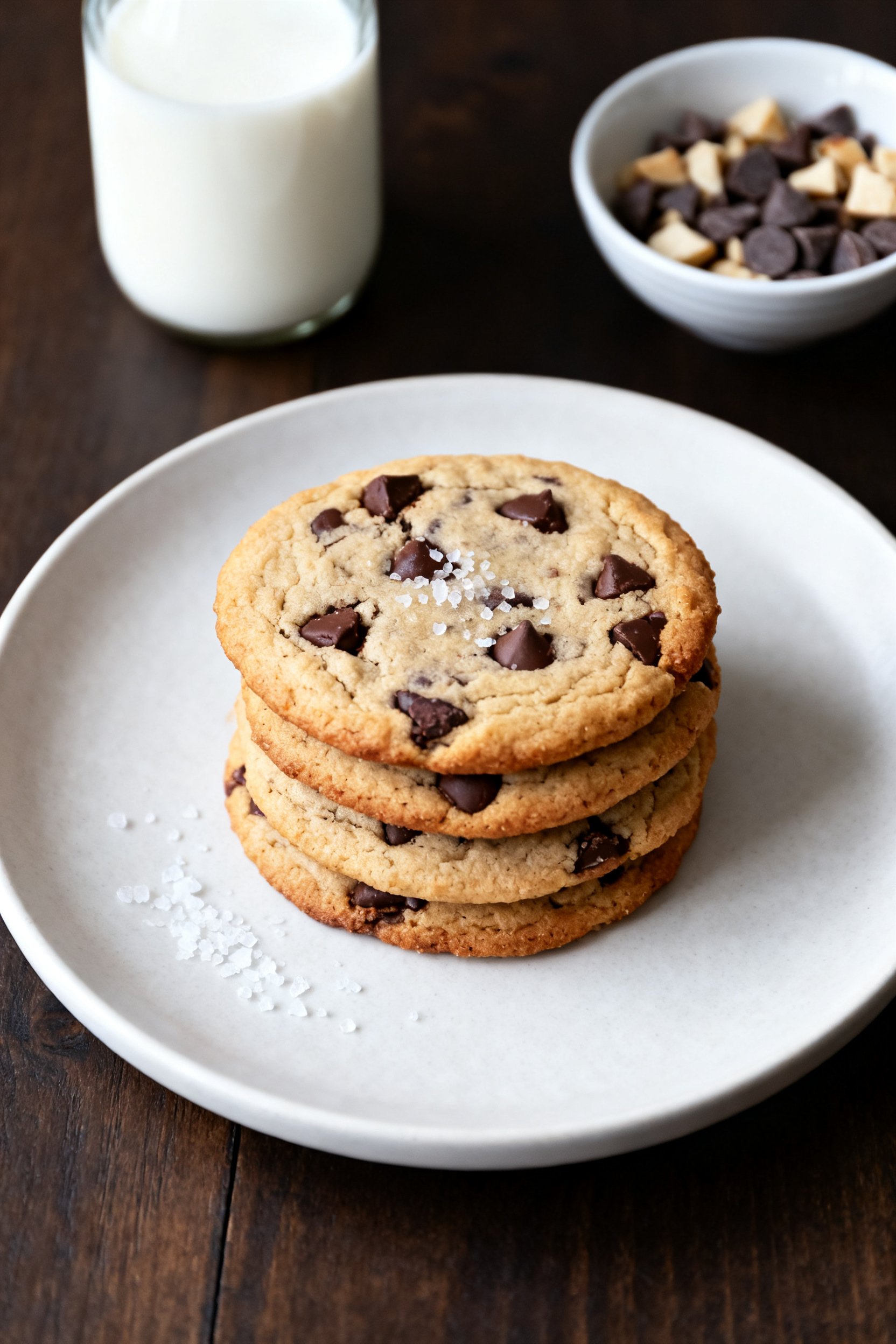 Final dish presentation: Beautifully plated stack of 3–4 chocolate chip cookies with crisp, golden