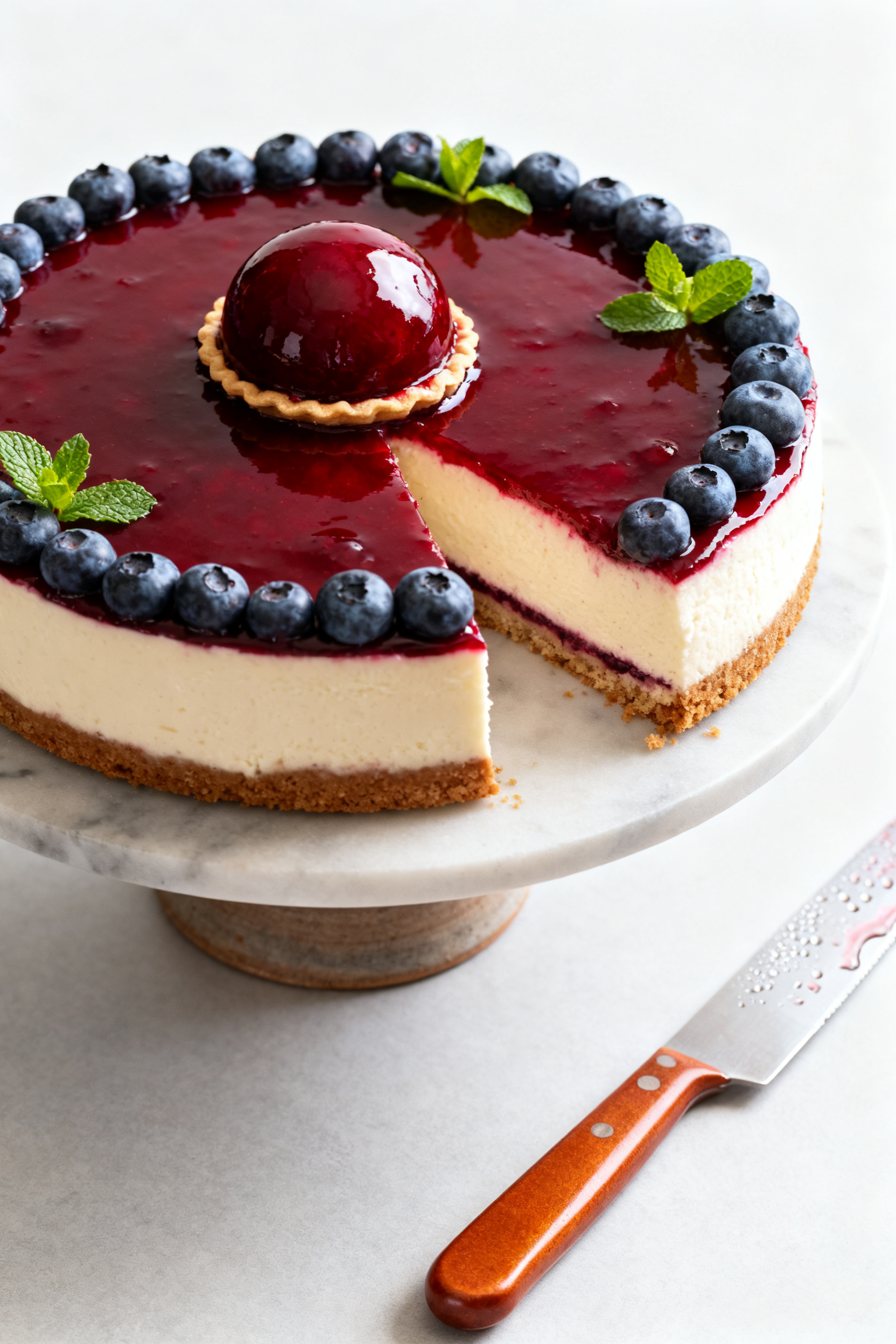 Final dish presentation: Restaurant-quality, fully set no-bake cheesecake on a cake stand, top flawl