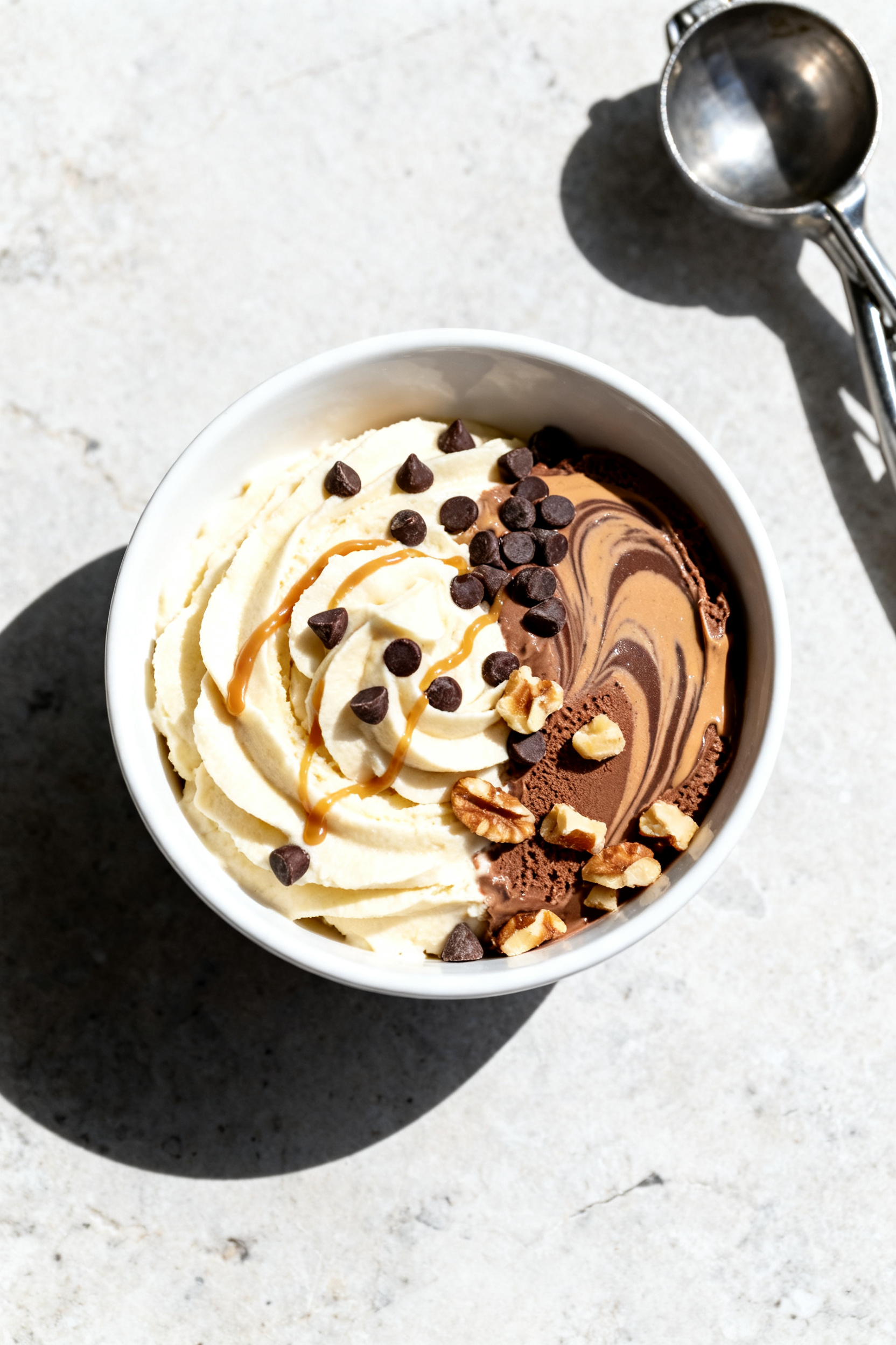 Final dish top view: Tasty overhead shot of 3-ingredient banana “nice cream” swirled into soft, 