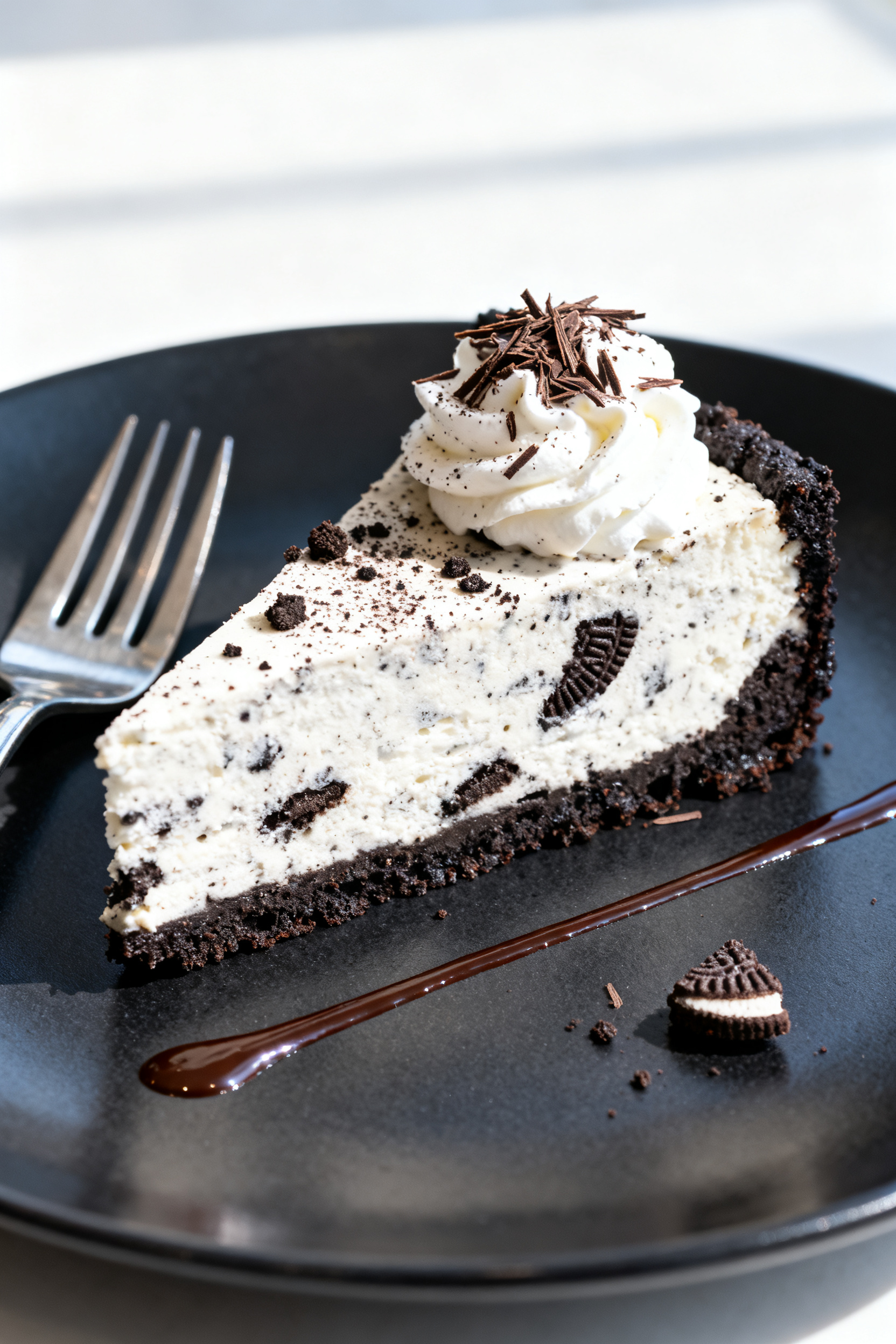 Final plated dish: A single, thick slice of Oreo cheesecake plated on a matte black dessert plate, u