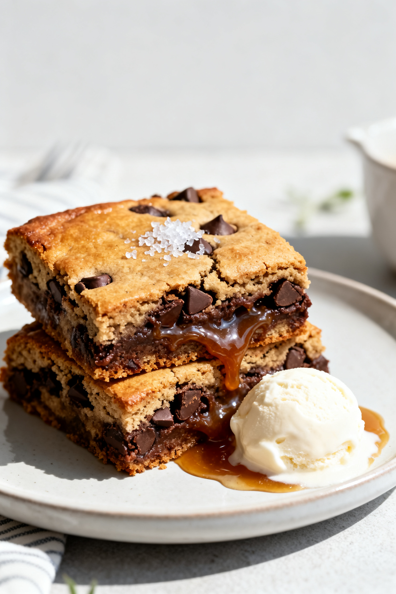 Final plated presentation: a dessert plate with two stacked cookie bar squares, slightly warm and ex