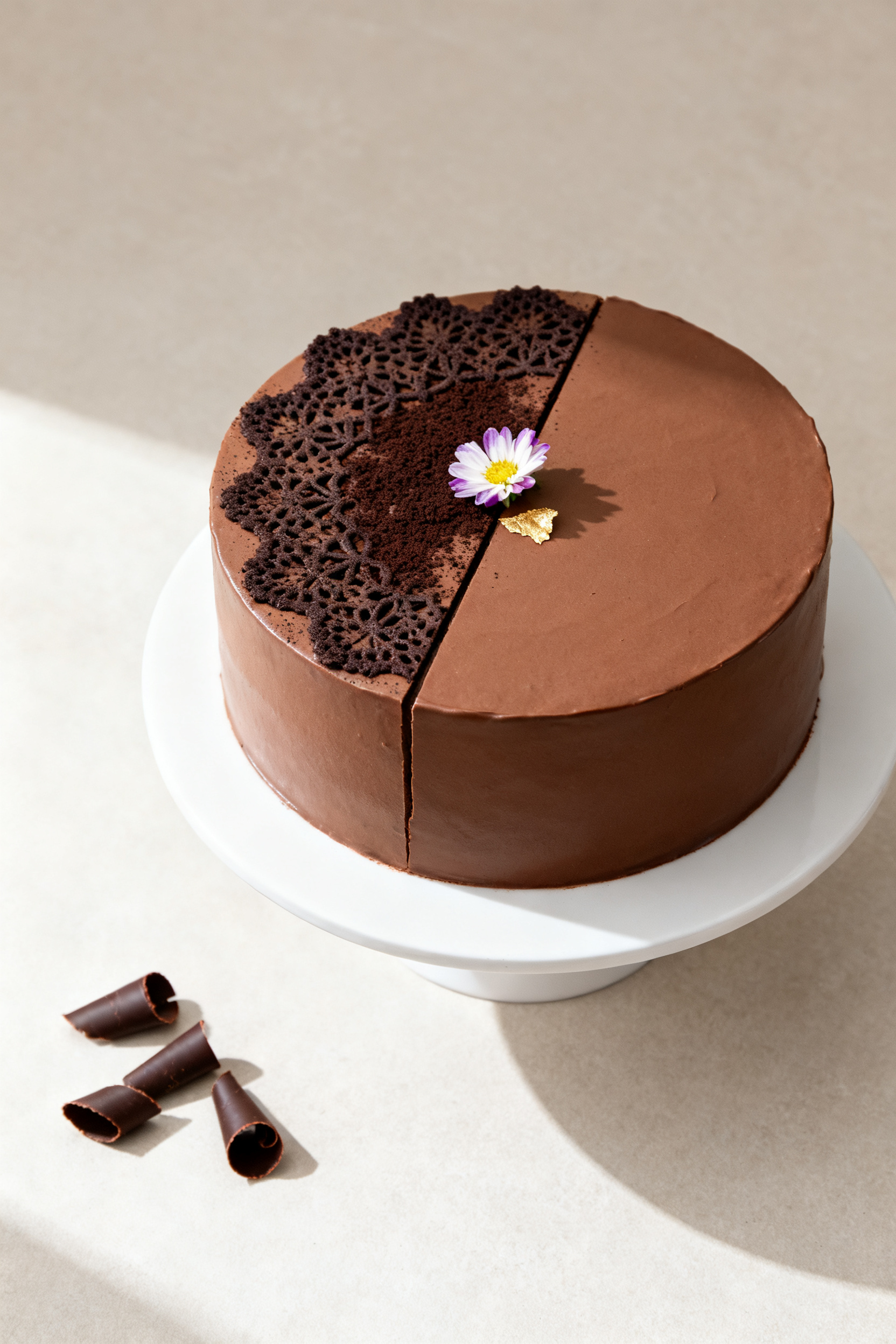 Overhead final presentation: Minimalist cocoa stencil design on a fully frosted chocolate ganache ca