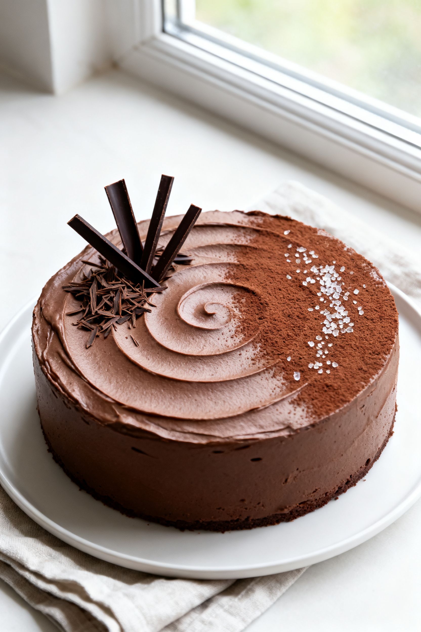 Overhead final presentation of the completed chocolate fudge cake: smooth sides with soft spoon-swoo