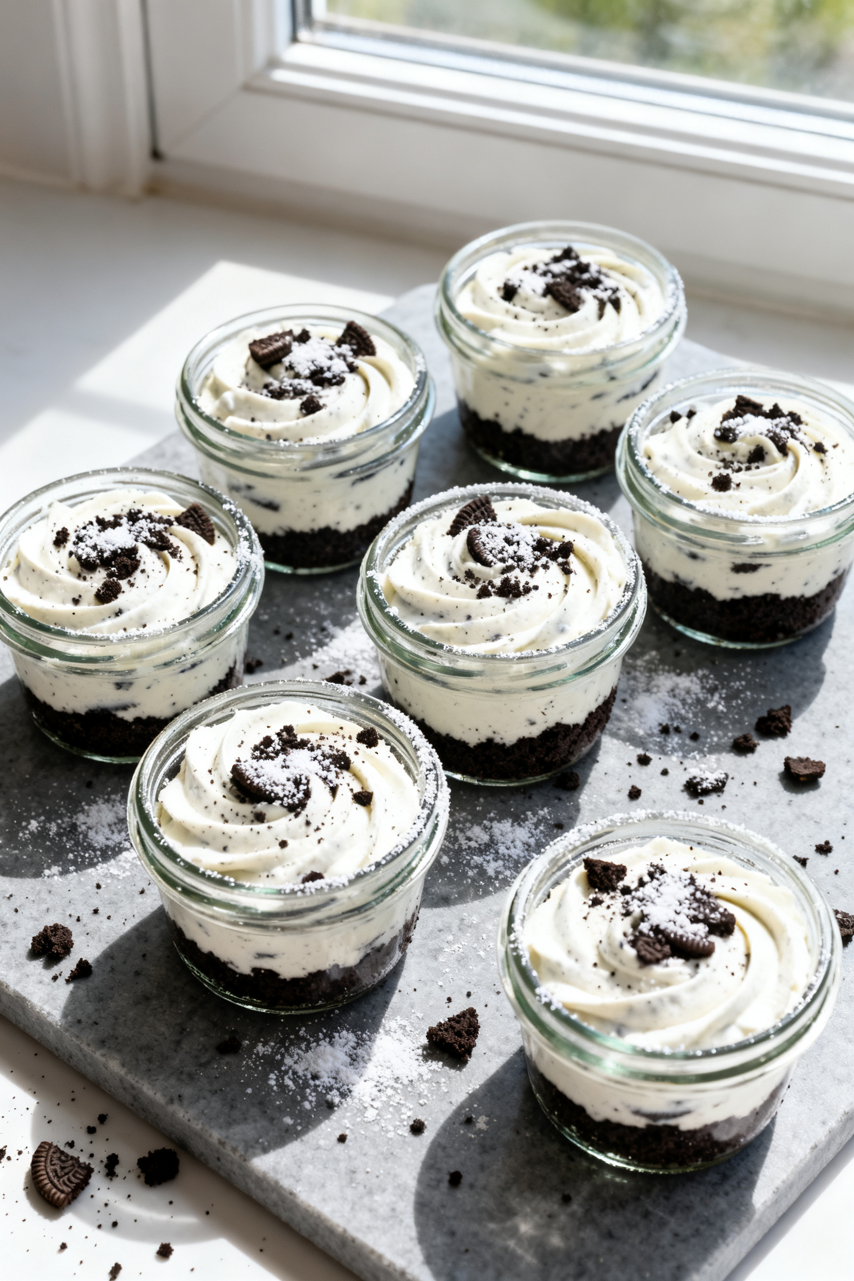 Overhead final presentation: quick Oreo cheesecake cups assembled in small glass jars, neat Oreo cru
