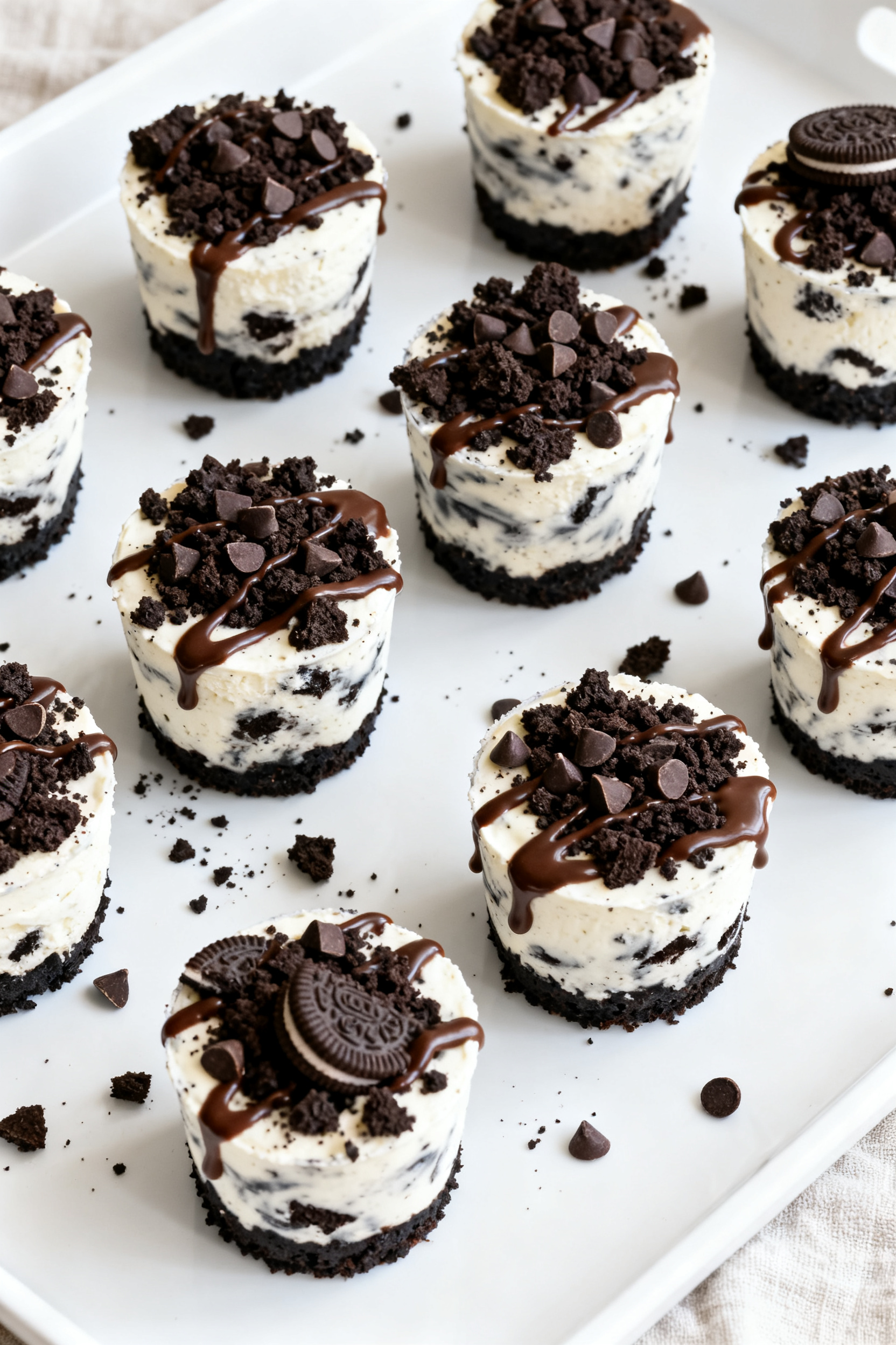 Overhead tasty top view: No-Bake Oreo Cheesecake Cups fully set and garnished, arranged in a loose g