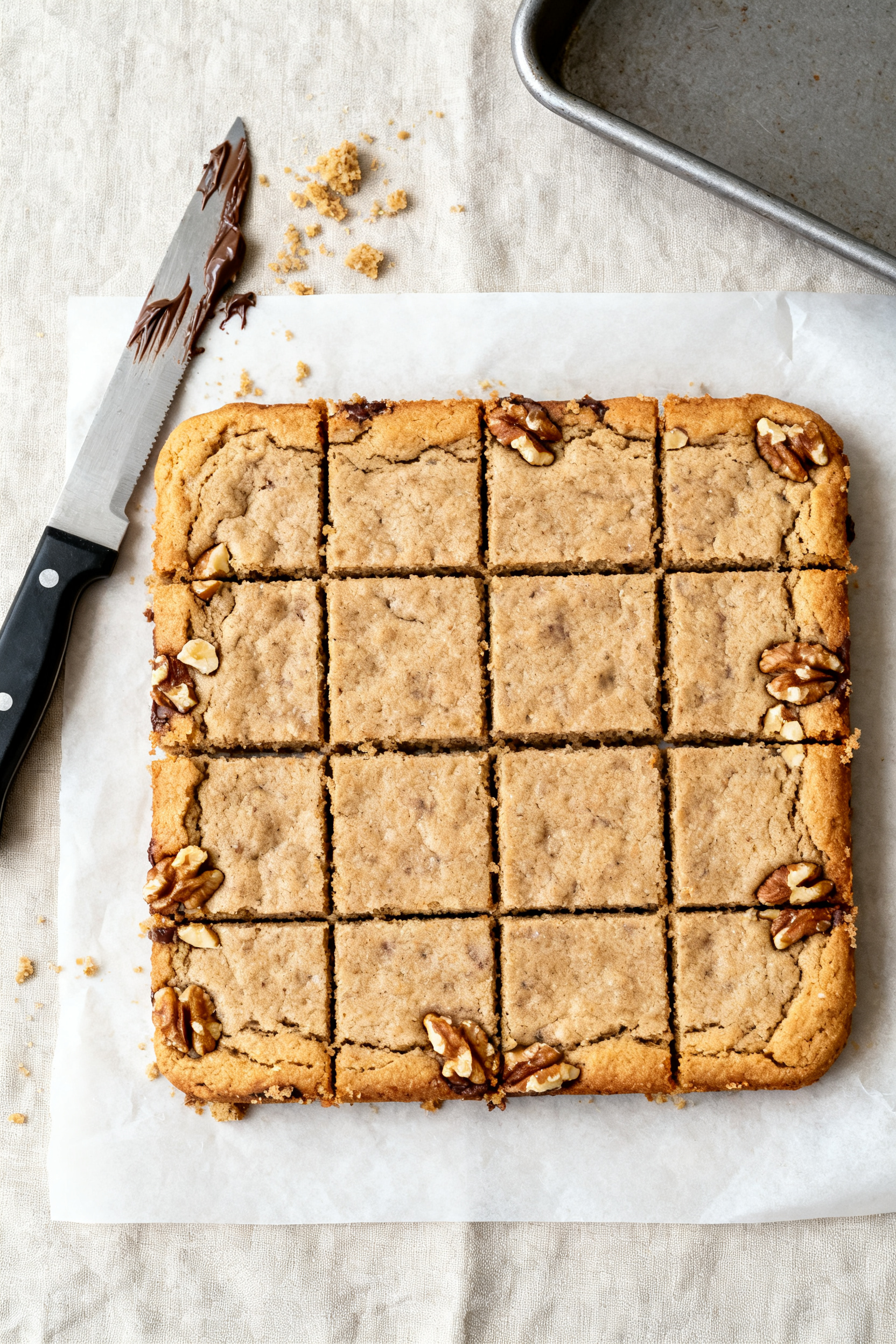Overhead “tasty top view” of the cookie bars cooled, lifted out on parchment and cut into neat s