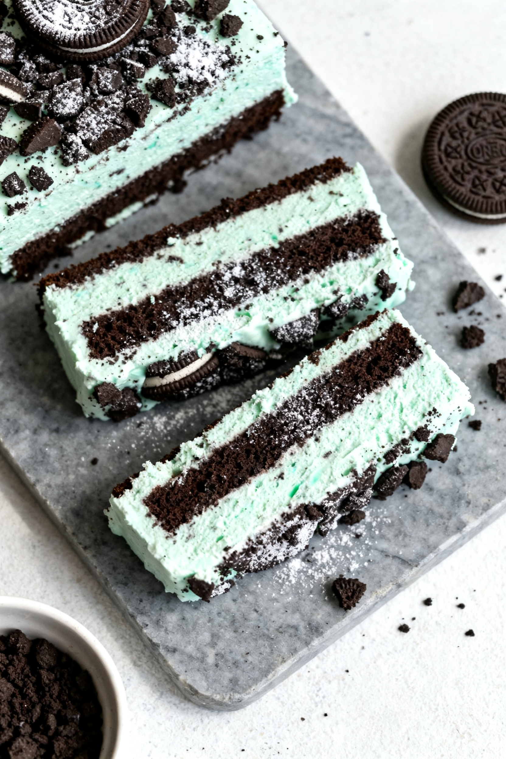 Tasty top view: Oreo mint icebox cake sliced to reveal distinct alternating layers of chocolate sand