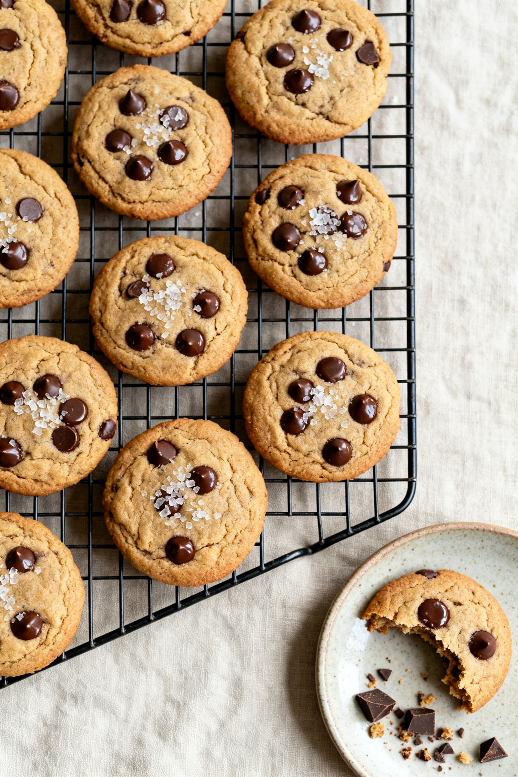 Tasty top view: Overhead shot of a cooling rack filled with evenly spaced cookies, glossy chocolate 