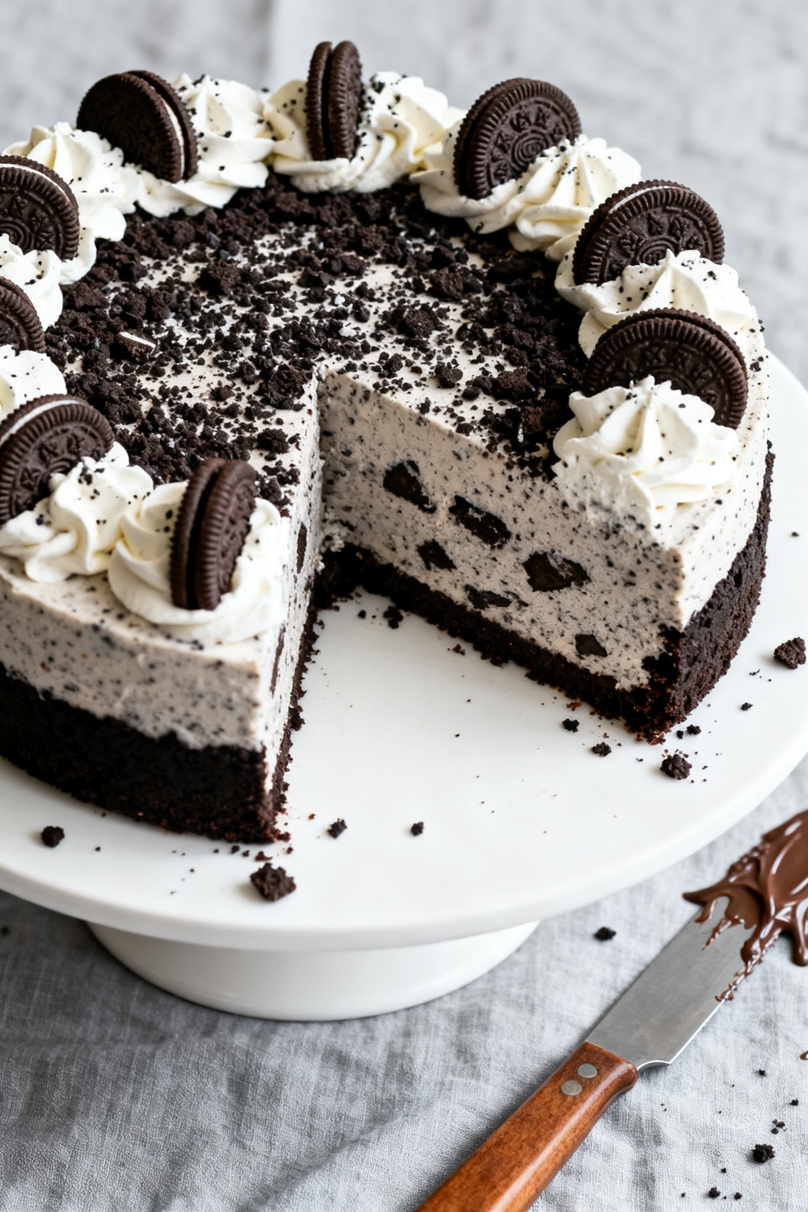 Tasty top view: Overhead shot of a fully chilled and released Oreo cheesecake on a white cake stand,