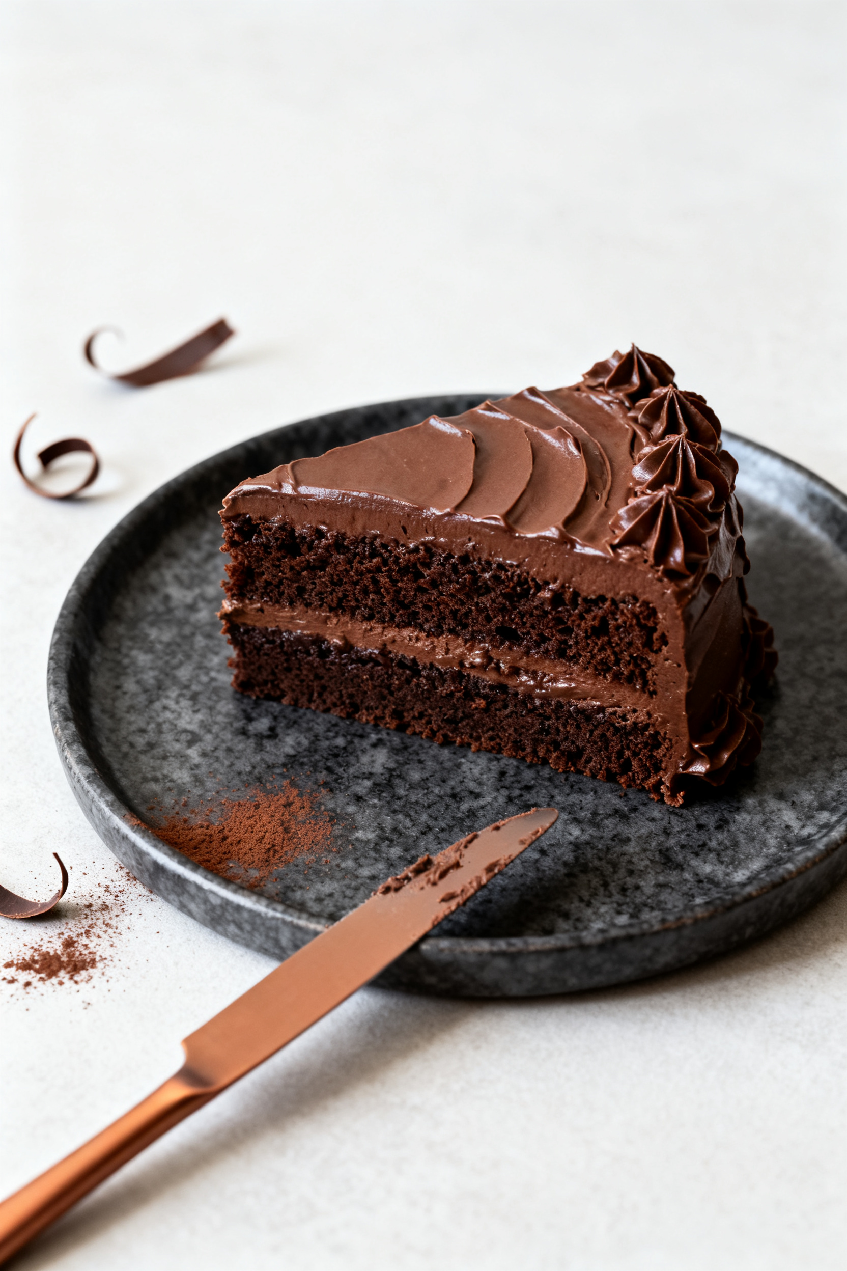 Tasty top-view slice service: a single generous slice of rich, extra-moist chocolate fudge cake on a